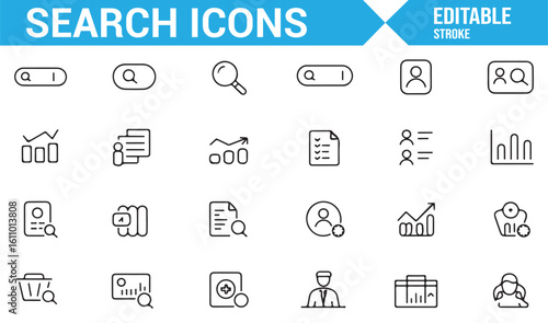 Search Icons Set Featuring Magnifying Glass, Documents, and File Search Symbols