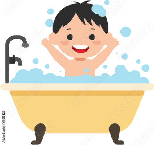 Vector illustration of child is taking a bubble bath