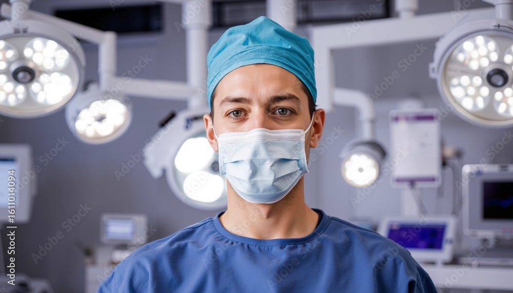 Male surgeon wearing mask and cap in operating room setting Male surgeon wearing mask and cap in operating room setting