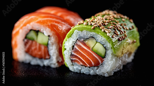 Delicious Salmon and Avocado Sushi Rolls on Dark Background. This image is perfect for Japanese restaurant menus, food delivery apps, culinary blogs, healthy eating content, fresh seafood.