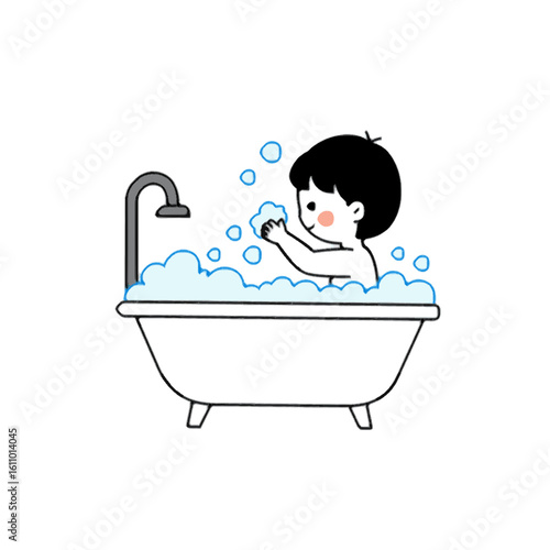 Vector illustration of child is taking a bubble bath