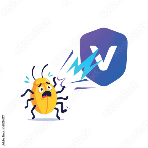 Cartoon bug is scared and recoiling from a shield with a "W" on it, protected by a lightning bolt.
