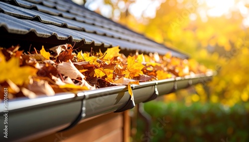 Autumn leaves clog gutter