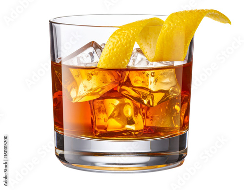 Godfather Cocktail in Old Fashioned Glass with Lemon Twist, Transparent PNG