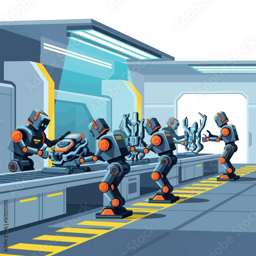 Robots assembling products on a factory assembly line, working diligently.