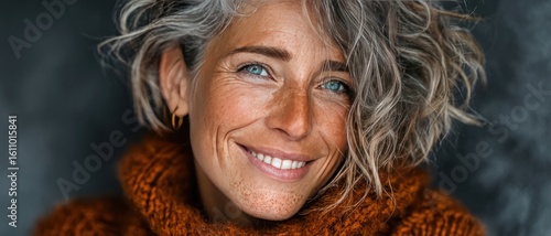 Joyful elderly woman with a radiant smile in close-up view