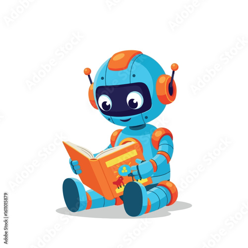 A cute blue and orange robot sitting and reading an open book with illustrations.