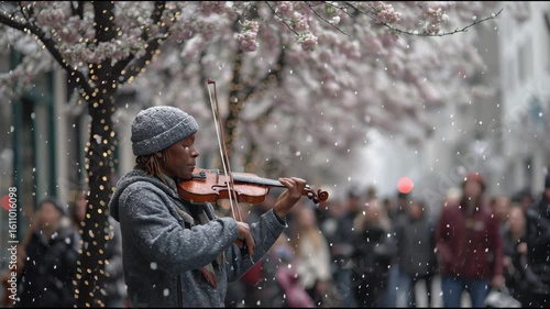 Serenade Under Blossoms: A street musician, enraptured in his music, serenades a crowd with his violin, set against the backdrop of a blooming tree in the heart of a bustling urban street.