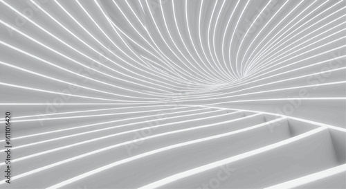 Futuristic abstract background with glowing white lines forming a swirling vortex tunnel, representing digital space and infinite movement.