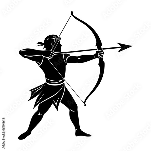 Silhouette of archer aiming bow and arrow in black and white design