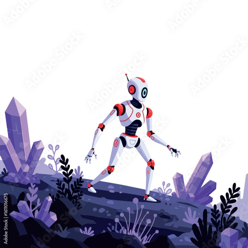 A futuristic robot explores a rocky, crystal-filled landscape.
