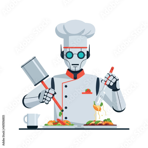 A robotic chef prepares and plates delicious meals, showcasing technological advancements in culinary arts.