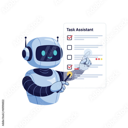 Friendly robot assistant interacts with a digital task checklist, efficiently managing and completing items.