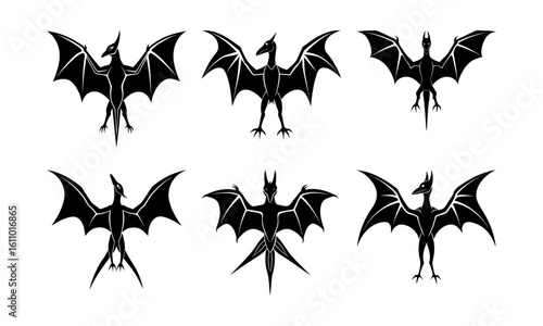 Collection of six black pterodactyl silhouettes in various positions