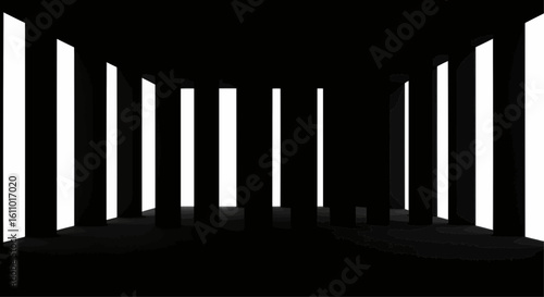 A dark interior space with vertical white stripes creating a stark contrast.