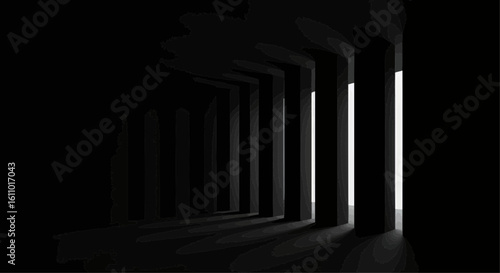 A dark corridor with repeating pillars leading towards a bright light at the end.
