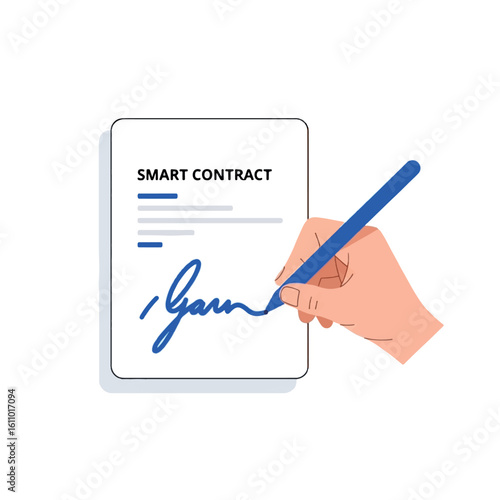 A hand signing a smart contract document with a blue pen.