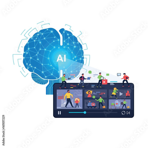 AI-powered video content creation team collaborates on a large screen, utilizing artificial intelligence for enhanced production.