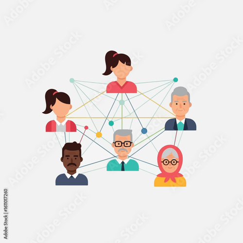 Illustration depicting a diverse group of people connected by lines, symbolizing networking and communication.