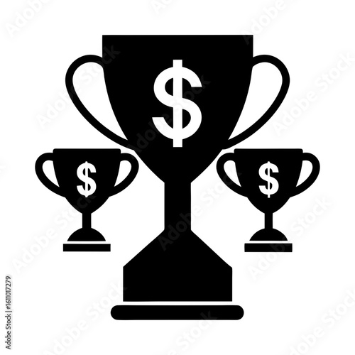 Three trophies with dollar signs indicating financial success and wins