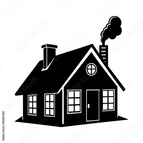 Illustration of a black house with a chimney and smoke coming out of it