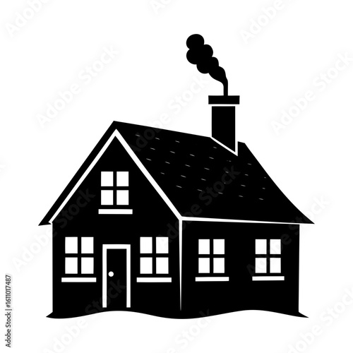 Silhouette of a house with smoke coming from the chimney on white background