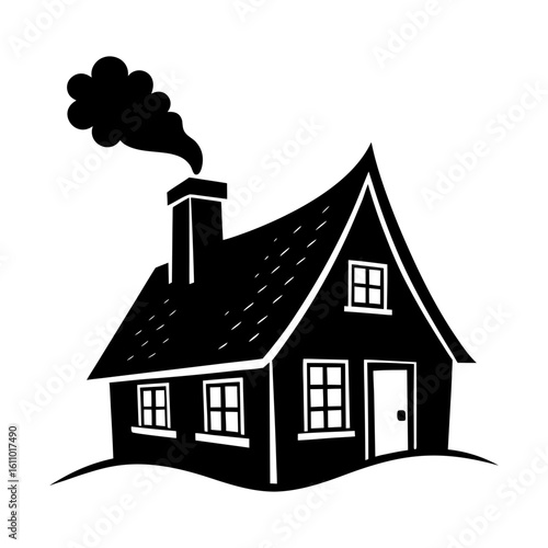 Illustration of a black and white house with chimney and smoke coming