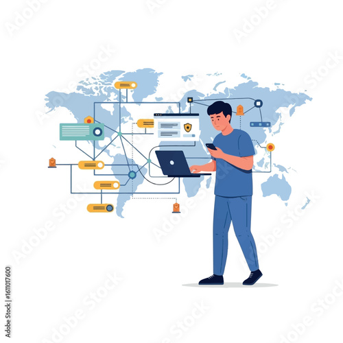A person in medical scrubs interacts with global technology network, suggesting global healthcare connectivity.