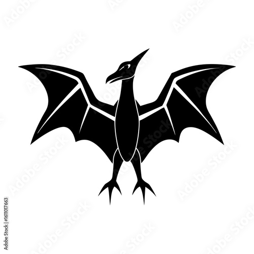 Illustration of a black pterodactyl with wings spread on white background