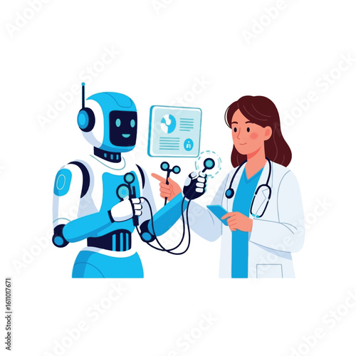 A female doctor and a medical robot collaboratively examine a patient's vital signs using advanced technology.