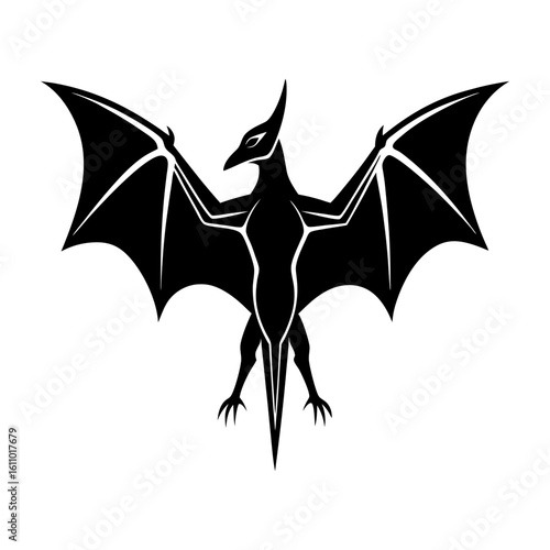 Illustration of a black pterodactyl with wings spread wide open view