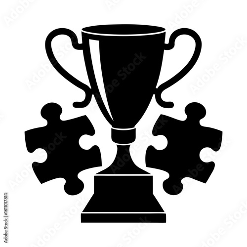 Black trophy cup with handles and two puzzle pieces on a white background