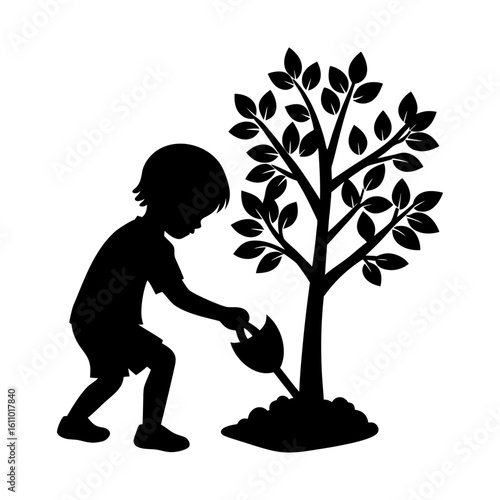 Silhouette of a boy watering a newly planted tree with a watering can