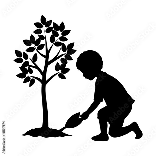 Silhouette of a boy watering a newly planted tree with many leaves on it