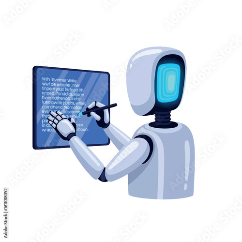 Cartoon robot writing code on a digital screen using a stylus, isolated on white background.