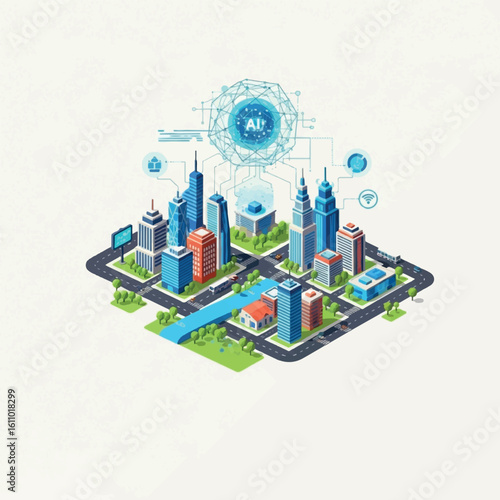 Isometric city illustration showcasing artificial intelligence integration.