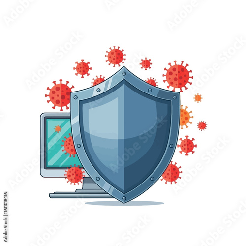A shield protects a computer from viruses in a graphic illustration.