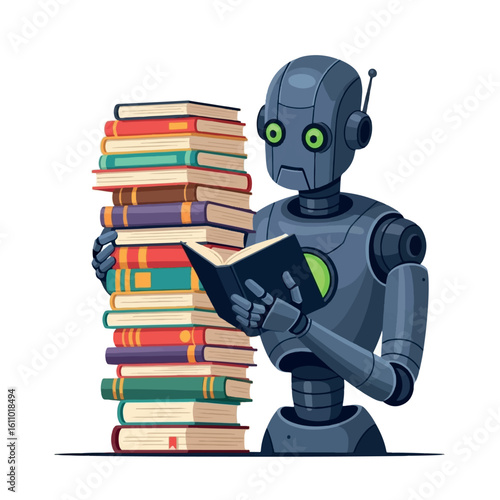 A robot diligently reads a book, flanked by a towering stack of other books.