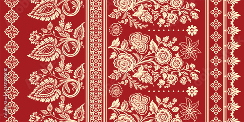 floral pattern vintage ethnic modern embroidery texture boho design vector illustration hand drawn pink flower motif branches leaves wallpaper seamless background border.