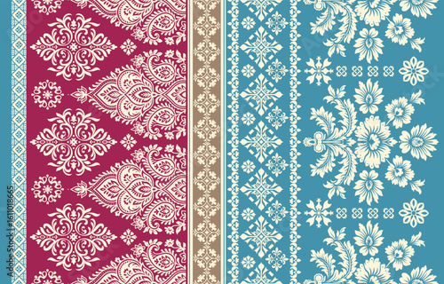 floral pattern vintage ethnic modern embroidery texture boho design vector illustration hand drawn pink flower motif branches leaves wallpaper seamless background border.