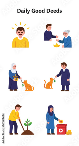Six illustrations depicting daily good deeds: a happy man, helping an elderly woman, feeding a cat, planting a tree, and donating to charity.
