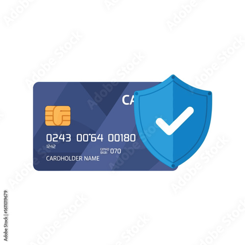 A credit card with a blue shield and white checkmark, symbolizing secure payment and protection.