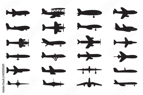 Diverse aircraft silhouettes including biplanes jetliners blimps and propeller planes airplane