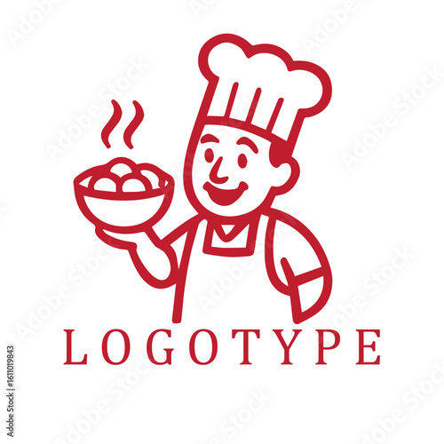 Bold red and white logo of a smiling chef holding a bowl of steaming bakso, wearing a tall hat and apron. Minimalist, playful, and clean-lined with strong visual impact.