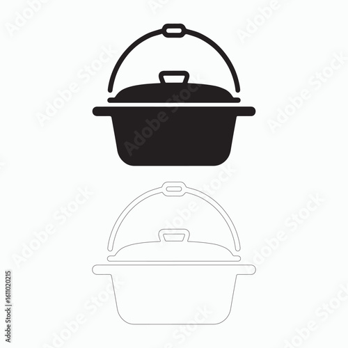 Simple black and white illustration of a covered cooking pot.

