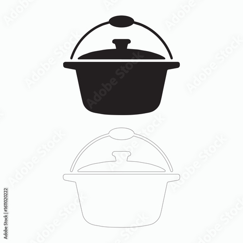 Simple black and white illustration of a covered cooking pot.
