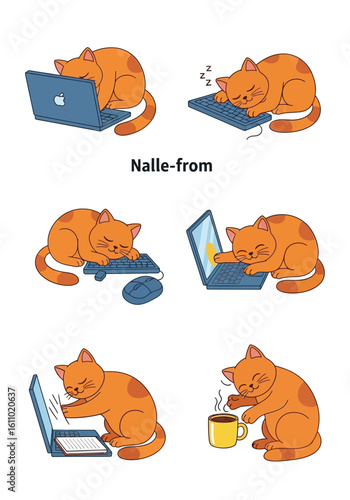A cartoon ginger cat is depicted in various poses, sleeping on or interacting with a laptop, keyboard, and a mug of coffee.
