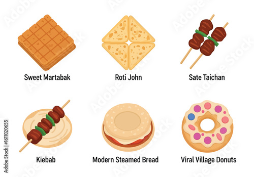 A collection of six different Indonesian street food items: Sweet Martabak, Roti John, Sate Taichan, Kebab, Modern Steamed Bread, and Viral Village Donuts.