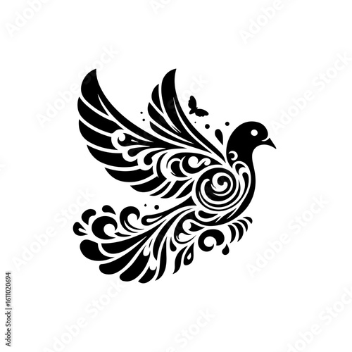 Ornate dove in flight with decorative swirls