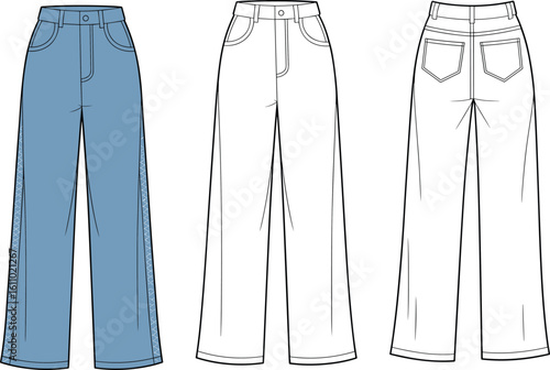 CAD drawing flat vector illustration of wide-leg pants, front and back views, detailed stitching, pocket construction, garment layout, fashion sketch, clothing template, apparel mockup